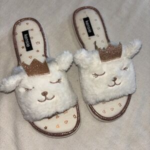 Kenzie Fuzzy White Cat  Glitter Crown Slide Slippers Faux Fur Size 8